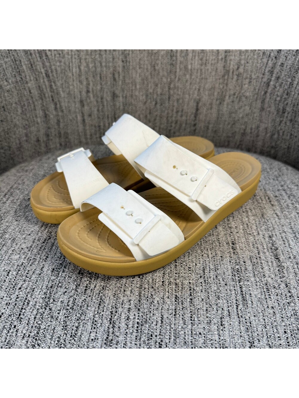 Crocs Sarah LiteRide White and Tan Slide Sandals Women Size 8